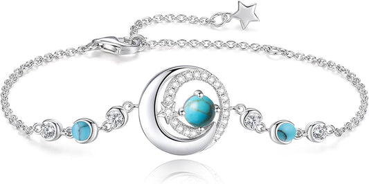 FANCIME Birthstone Bracelets 925 Sterling Silver Moon and Star Bangle Charm Bracelet Fine Jewelry Birthday Anniversary Christmas Day Gift for Her Women, Adjustable Chain 6.7"+1.2" Extend