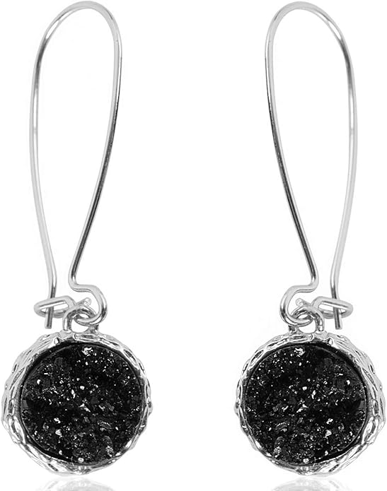 Simulated Druzy Threader Drop Earrings for Women - Gold, Silver, or Rose Gold Tone Trendy Boho Dangles with Sparkly Round Stone