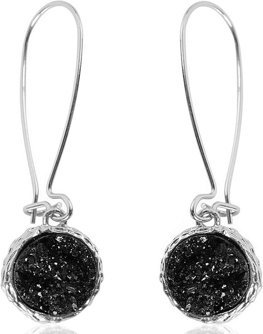 Simulated Druzy Threader Drop Earrings for Women - Gold, Silver, or Rose Gold Tone Trendy Boho Dangles with Sparkly Round Stone