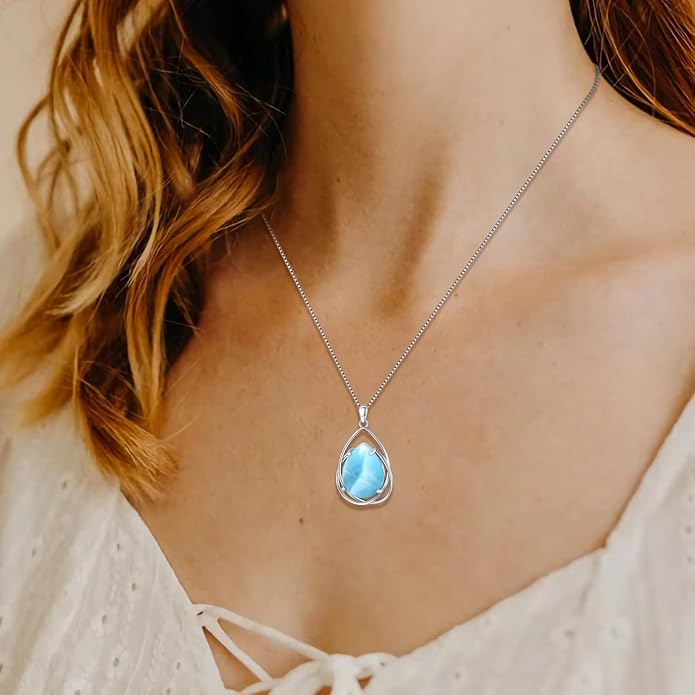 Teardrop Turquoise Pendant Necklace, 925 Sterling Silver December Birthstone Necklace Vintage Western Jewelry Gift for Women