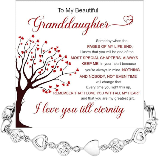 To My Granddaughter Heart Bracelet, Meaningful Jewelry Gift, Bracelet For Granddaughter from Grandma Grandpa with Message Card and Box on Christmas, Birthday, Graduation, Bracelets For Women