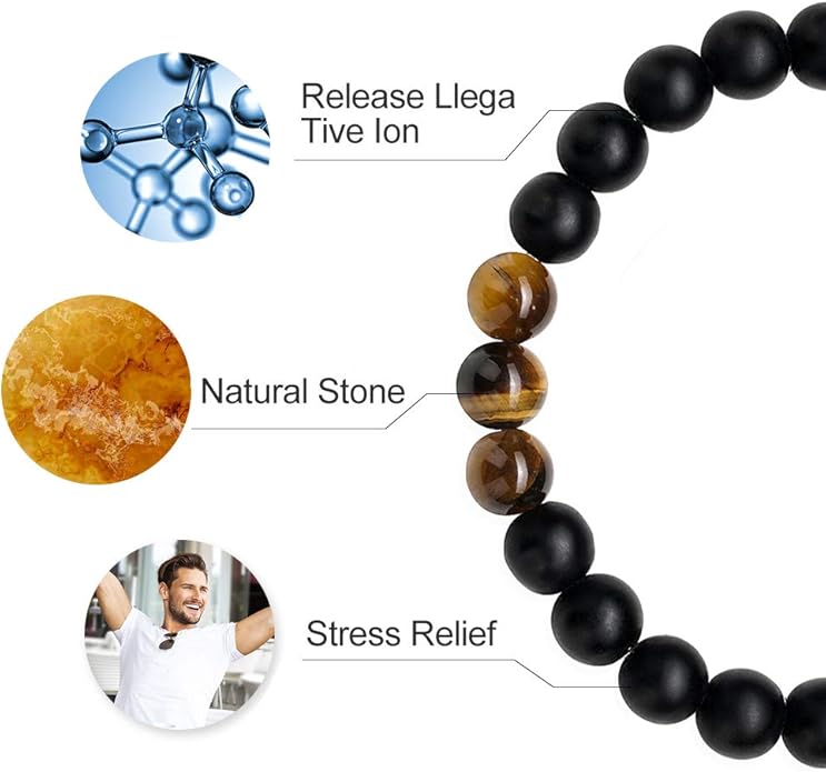 M MOOHAM Natural Stone Bracelets for Men - 8mm Tiger Eye, Matte Agate, Lava Rock - Teen Boys Gifts for Birthday, Anniversary, Christmas