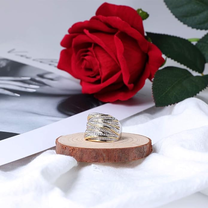 2 Tone Intertwined Crossover Statement Ring Fashion Chunky Band Rings for Women Wide Index Finger Rings Costume Jewelry