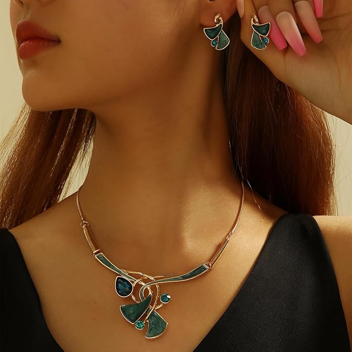 Chunky Statement Jewelry Set Vintage Retro Leaf Flower Floral Geometric Bohemian Boho Bib Necklace Earring Set Fashion Costume Jewelry for Women Girls Wedding Party Prom Unique Gift