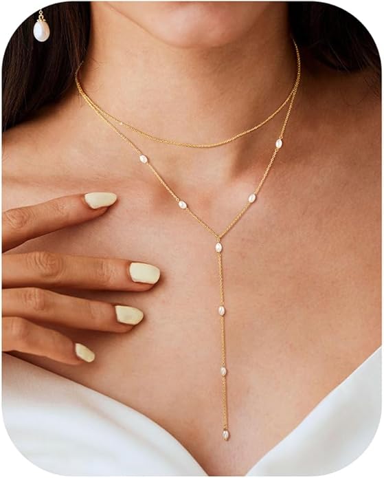 M MOOHAM Gold Lariat Necklace for Women - Dainty 14K Gold Plated Y-Shaped Long Drop Necklace Pearl Cross Clover Butterfly Cubic Zirconia Charm Layered Necklaces for Women Simple Jewelry Gifts