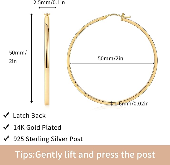 Gacimy Flatted Hoop Earrings for Women 14K Gold Plated with 925 Sterling Silver Post