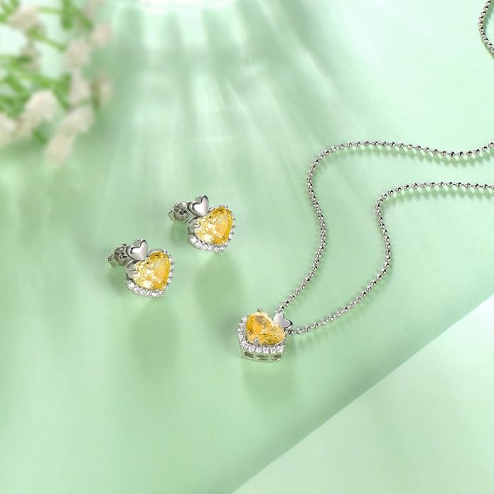 Ydou Love Heart Necklaces and Earrings with Rose Cut Birthstone Silver Plated Elegant Jewelry Set for Women CS0002