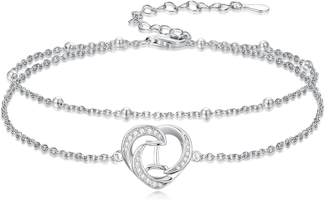 Dorunmo Initial Anklet 925 Sterling Silver Letter A-Z Layered Heart Anklet Beach Jewelry Birthday Gifts for Women