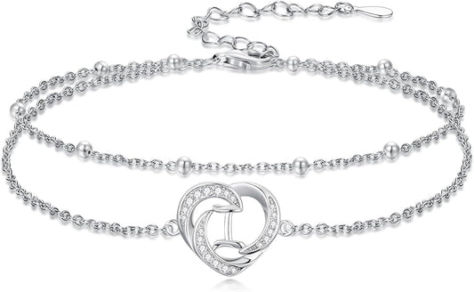 Dorunmo Initial Anklet 925 Sterling Silver Letter A-Z Layered Heart Anklet Beach Jewelry Birthday Gifts for Women