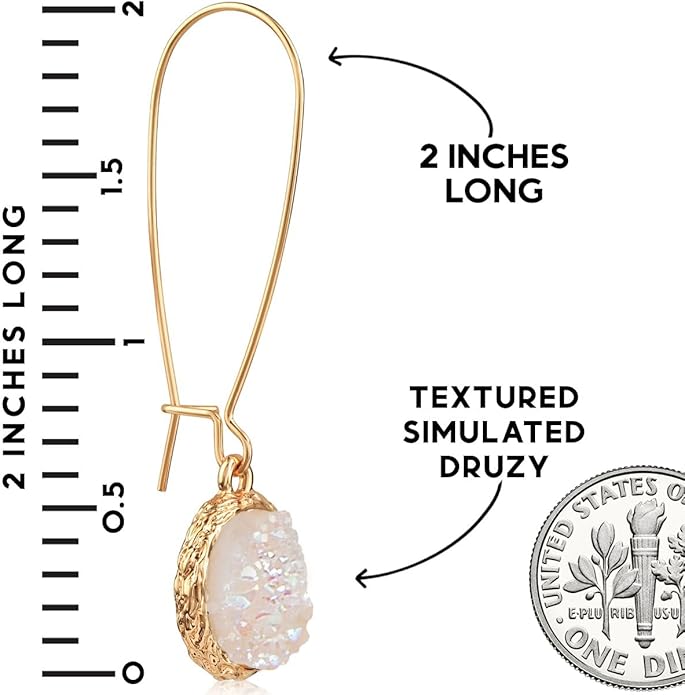 Simulated Druzy Threader Drop Earrings for Women - Gold, Silver, or Rose Gold Tone Trendy Boho Dangles with Sparkly Round Stone
