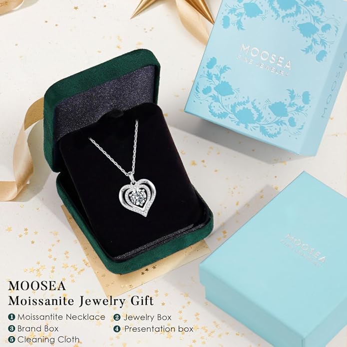 MOOSEA Valentines Day Gifts for Her - 925 Sterling Silver Double Heart Moissanite Pendant Necklace, 1-3 Carat D Color VVS1 Clarity Moissanite, Anniversary Birthday Gift for Women Mom Wife Girlfriend