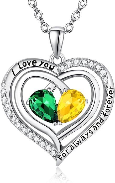 Zeuslia Double Birthstone Necklace Gifts for Wife - 925 Sterling Silver Sunflower/Rose/Crown Cross/Compass/Heart Pendant I Love You Necklace, Anniversary Birthday Gifts for Wife Girlfriend Mom Her