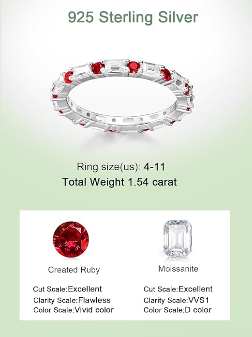 D Color VVS1 Clarity Moissanite and Sapphire/Ruby/Emerald Rings for Women, Solid 925 Sterling Silver, Anniversary Birthday Mothers Day Jewelry Gift, Stackable Wedding Ring, Size 4-11