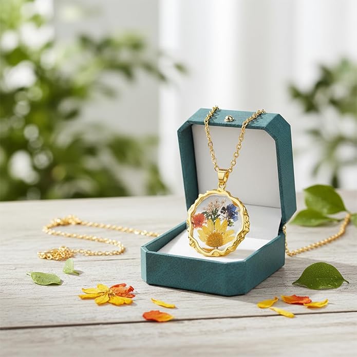 Birth Flower Necklaces for Women,1-12 Month Real Pressed Flower Necklace,Boho-Style Personalized Jewelry, Handmade Floral Pendant,Thoughtful Gift for Christmas,Birthday|18"