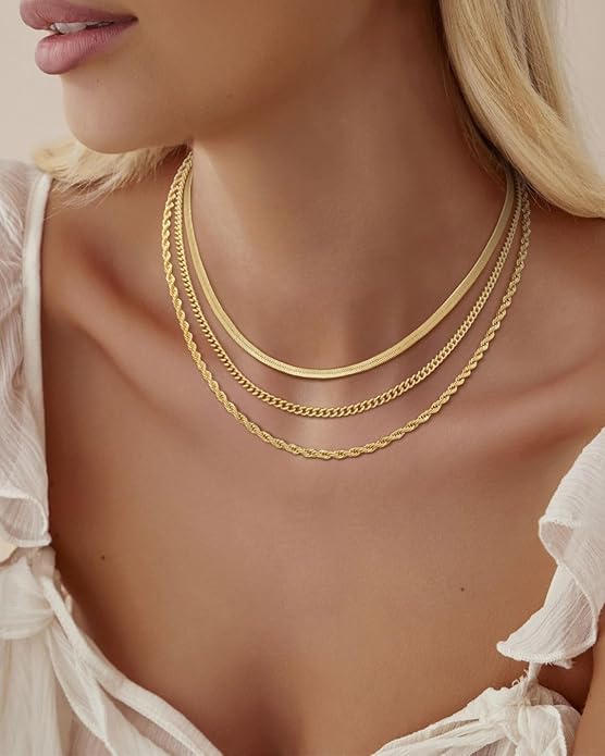 Gold/Silver Necklaces Stack For Women, 14K Gold/Sterling Silver Plated Layered Choker Necklace Set, Stackable Multilayer Simple Cuban Snake Paperclip Chain Set Jewelry Gift for Women