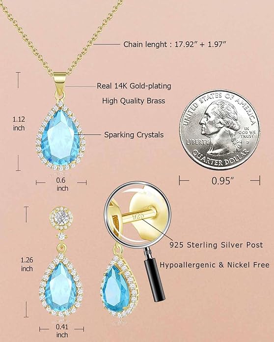 REASAYLL Jewelry Sets For Women 925 Sterling Silver Post Teardrop Dangle Stud Earrings Necklace Set Crystal Rhinestone Wedding Prom Costume Jewelry for Women
