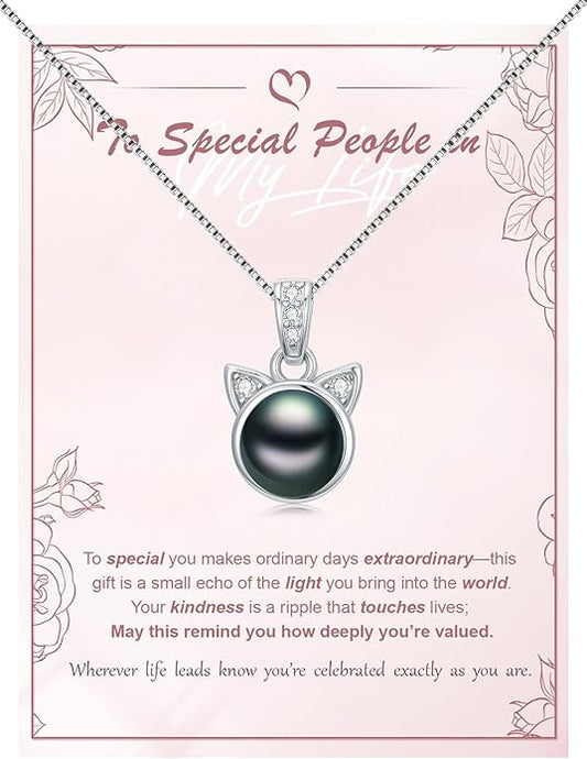 KANNSOAR Tahitian Black Pearl AAAA18K White Gold Plated Sterling Silver Cat Pendant Necklace for Women Wife Mom Girlfriend Valentine Her Jewelry Gift for Mother Day Anniversary Birthday