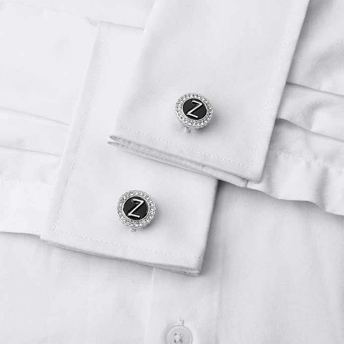 HAWSON A-Z Initial Cufflinks for Men and Women with Clear Crystal, Gold Silver Color Rasied Letter A-Z Cuff Links for French Shirt, Gift for Normal and Business Wearing