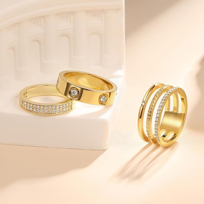 PDWZNBA Gold Rings for Women Non Tarnish Stackable Rings Trendy Dainty 18K Gold Plated Stacking Rings Set Love Friendship Rings Band Rings Promise Wedding Engagement Rings Size 5-11