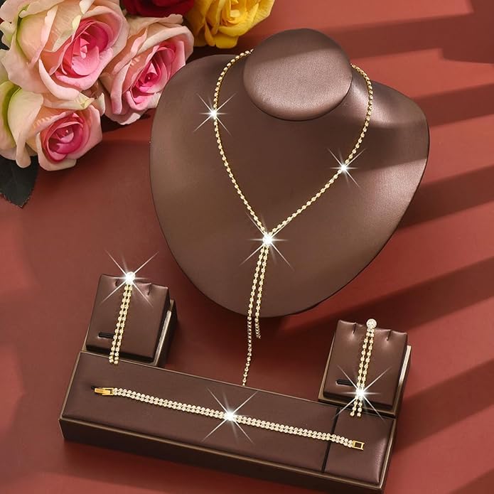 MIFYNN Rhinestone Wedding Set for Women Sparkle Crystal Earrings Necklace Bracelet Jewelry Set Wedding Party Prom Jewelry Set for Brides Bridesmaid