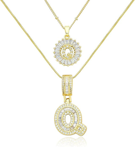 14K Gold Plated Initial Letter Pendant Necklace, Cubic Zirconia Crystal, Copper Chain