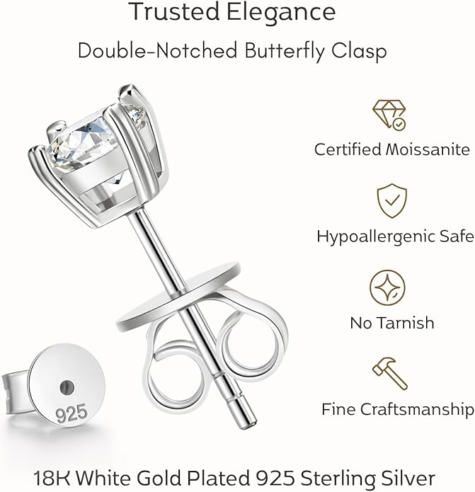 LOVE&LOVE Moissanite Stud Earrings for Women, Classic Round & Heart Designs,18K White Gold Plated Silver, Sparkly Hypoallergenic Gift, Birthday Anniversary Christmas Valentines