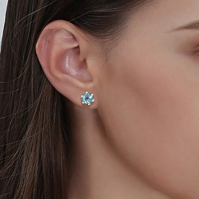 Agvana 14K Solid Gold Diamond Cut Solitaire Genuine Aquamarine Topaz Tiny Stud Earrings for Women Birthstone Jewelry Anniversary Birthday Gifts for Women Mom Wife Her, Size 5mm