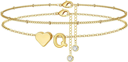 M MOOHAM Gold Initial Ankle Bracelets for Women - Layered Heart Letter A-Z Initial Dainty Gold Anklets for Women Waterproof, Womens Anklets Jewelry Birthday Gifts Jewelry
