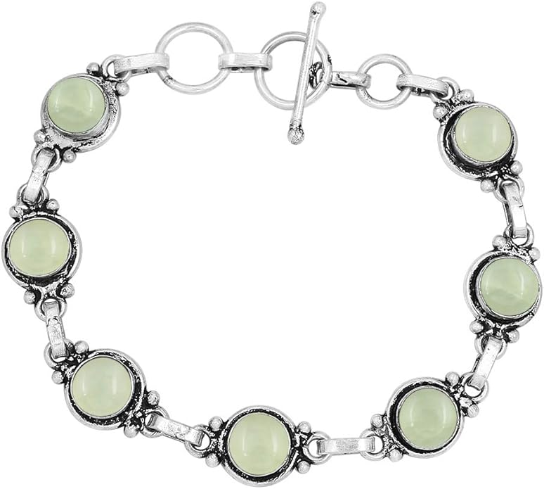 Round Shape Natural & Synthetic Gemstones Silver Plated Bracelets for Women - Vintage Bohemian Style Handmade Birthstone Adjustable Link Bracelet Jewelry Gifts for Wedding Anniversary Mother's Day