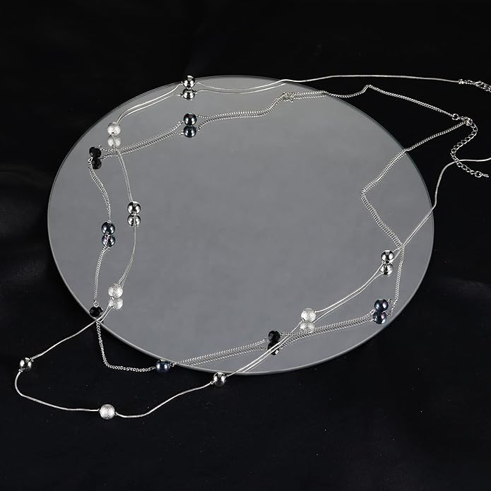Silver Layered Long Necklace for Women Pearl Crystal Sweater Strand Chain Necklaces Fashion Gifts