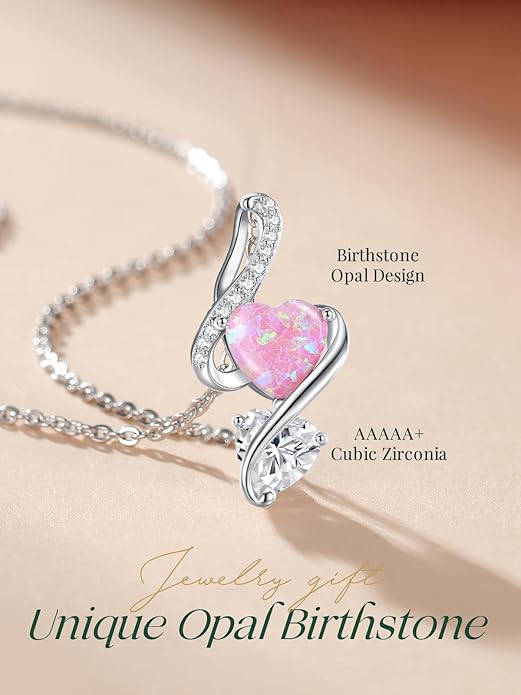 LOUISA SECRET 925 Sterling Silver Opal Birthstone Necklace, Unique Tiny Double Heart Pendant Jewelry, Engraved with "S925 I Love You" Best Birthday Gift for Women Wife Girlfriend Mom Her, Christmas Day Valentine's Day Anniversary Mother's Day