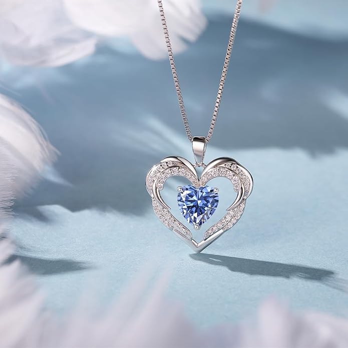 Heart Necklaces Valentine's Gift for Women, Birthstone 925 Sterling Silver Angel Wings Love Pendant Necklaces for Women, Jewelry Gifts for Wife, Anniversary, Mother's day