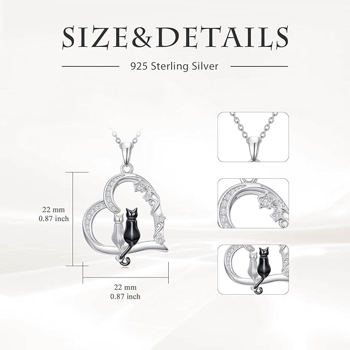 Cat Gifts for Women 925 Sterling Silver Heart Moon Cat Necklace Pendant Women Jewelry Halloween Christmas Gifts