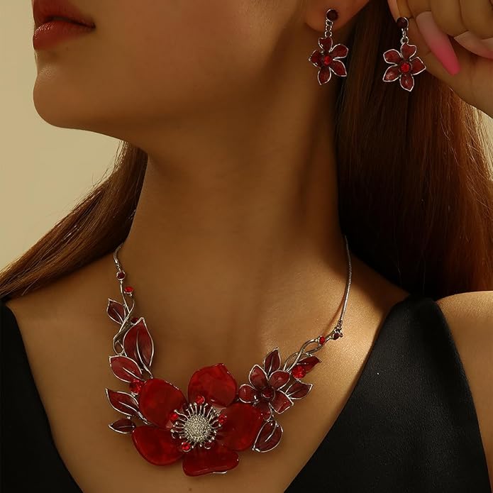 Chunky Statement Jewelry Set Vintage Retro Leaf Flower Floral Geometric Bohemian Boho Bib Necklace Earring Set Fashion Costume Jewelry for Women Girls Wedding Party Prom Unique Gift