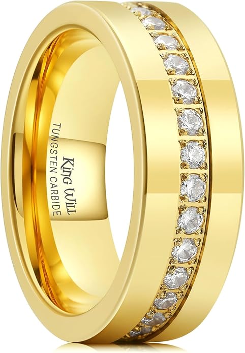 King Will Mens Tungsten Wedding Band with Cubic Zircon Inlay 7mm/8mm Flat Cut Comfort Fit Engagement Rings