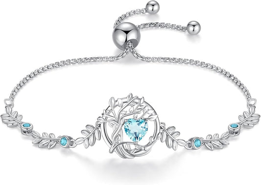 FANCIME Tree of life Birthstone Bracelet for Women Sterling Silver Tree Jewelry Birthstone Charm Bracelet Gemstone Anniversary Birthday Christmas Gifts for Wife Mom Her