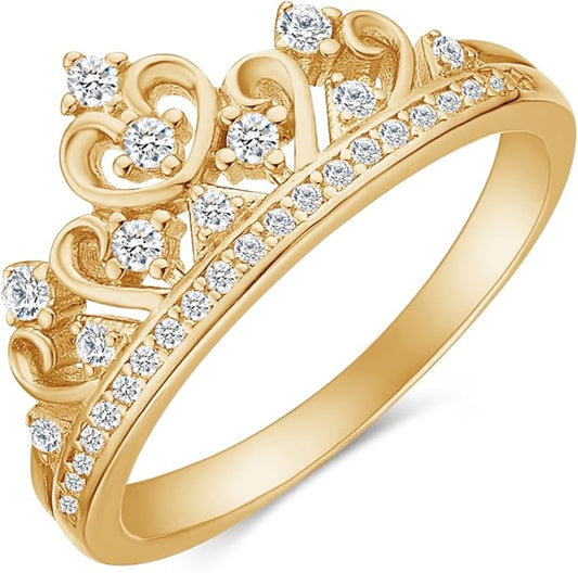 Princess Crown Ring, Round Cut Moissanite, Cubic Zirconia, Lab Grown or Natural Diamond Promise Ring for Women in 14K Gold Plated 925 Sterling Silver Jewelry Gift for Her