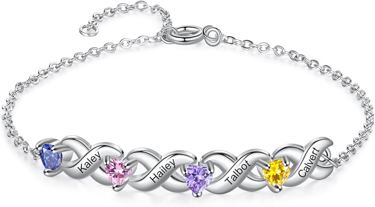 Personalized Custom Name Heart Bracelet with 1-6 Birthstone Bracelets for Women Engraved Family Names Link Bracelets for Mother's Day Mom Daughter