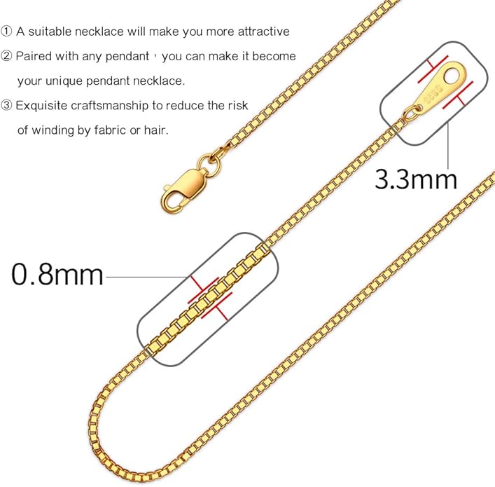 925 Sterling Silver Chain Necklace for Women 0.8mm Box Chain, Italian Necklace Chain, Super Strong & Thin & Long16/18/20/22/24 Inches