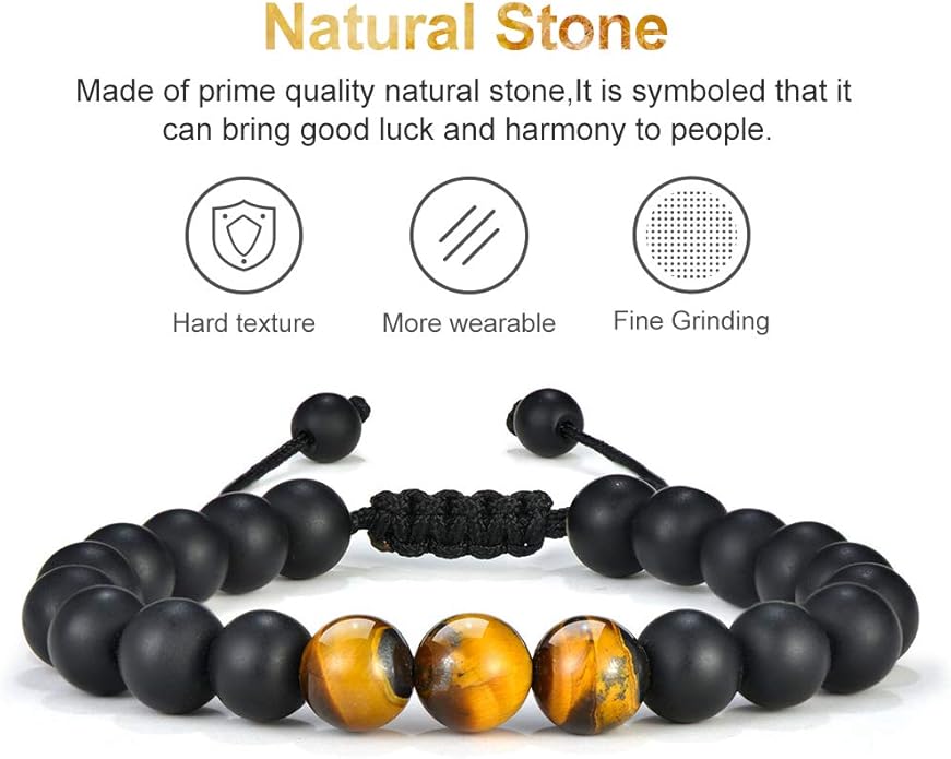 M MOOHAM Natural Stone Bracelets for Men - 8mm Tiger Eye, Matte Agate, Lava Rock - Teen Boys Gifts for Birthday, Anniversary, Christmas