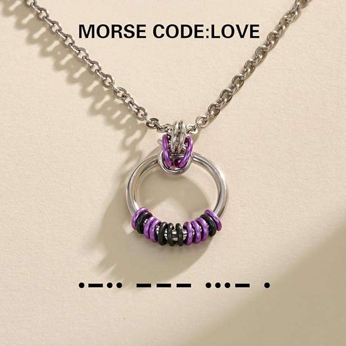 callie Personalized Morse Code Necklace - Custom Message Text on Anodized Circle Collars, Stainless Steel Morris Code Necklace, Birthday Anniversary Jewelry Gifts for Women