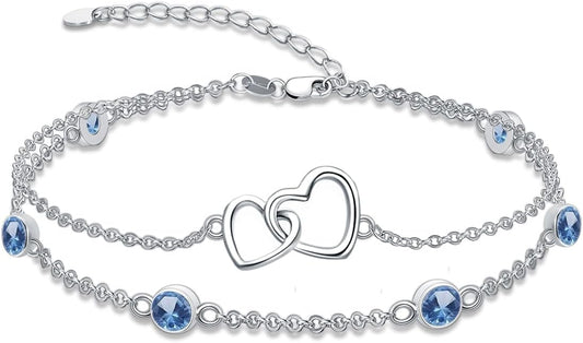 Dorunmo Heart Birthstone Bracelet Anklet for Women 925 Sterling Silver Birthday Jewelry Gifts for Women Wife