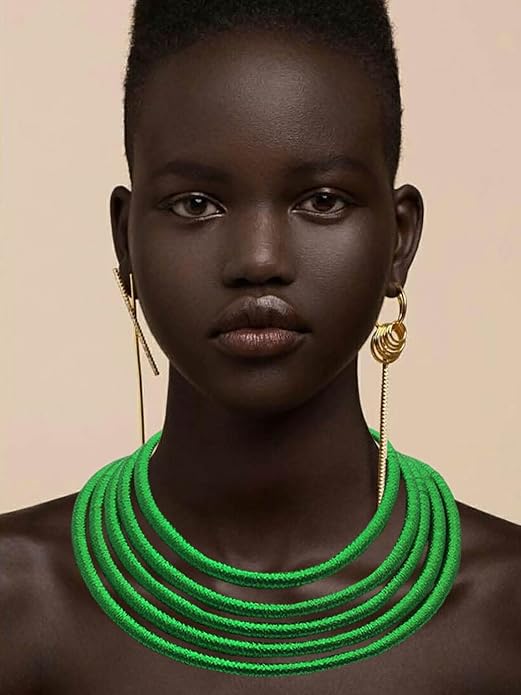 African Choker Necklace Gold Rope Weave Collar Layered Boho Tribal Chokers Multilayer Statement Party Jewelry Accessories for Women