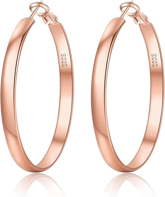 EXGOX 5mm Wide Gold Hoop Earrings for Women,Sterling Silver Hoop Earrings Large Silver Hoop Earrings Hypoallergenic Lightweight 14K Real Gold Plated Big Hoop Earrings for Women 30/40/50/60/70mm