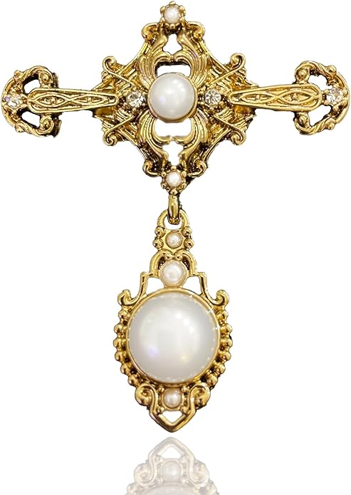 Gold Vintage Pearl Brooch for Women Girls Retro Accessories Elegant Baroque Pin Dress Coat Sweater Suit Party Wedding Gifts Victorian Brooch Pin Bridal Jewelry Cross Brooch
