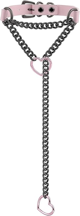 Handmade Black Heart Choker Collar For Women, Punk Gothic O-ring Slip Chain Necklace with Adjustable Vegan Leather Buckle