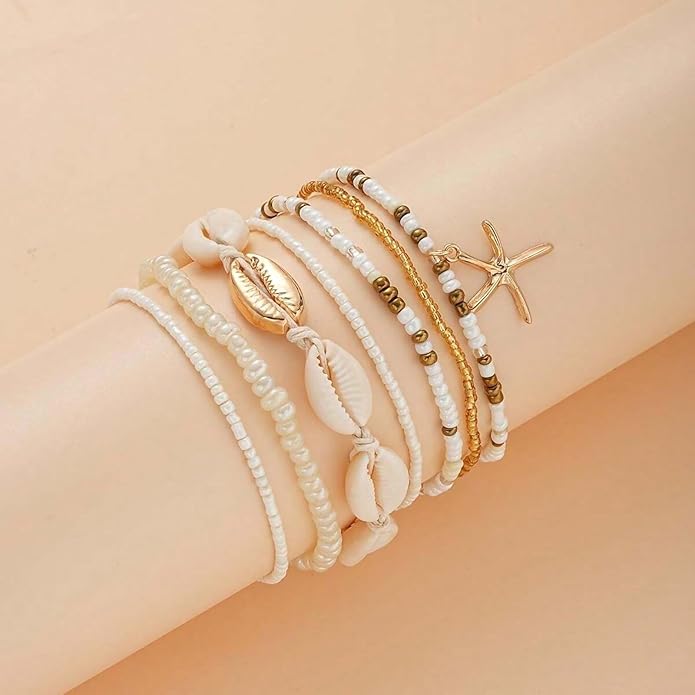 Shell Ankle Bracelet Set for Women, Gold Plated Boho Bead Adjustable Anklet, Hawaiian Beach Seashell Pearl Heart Starfish Conch Foot Jewelry Gifts