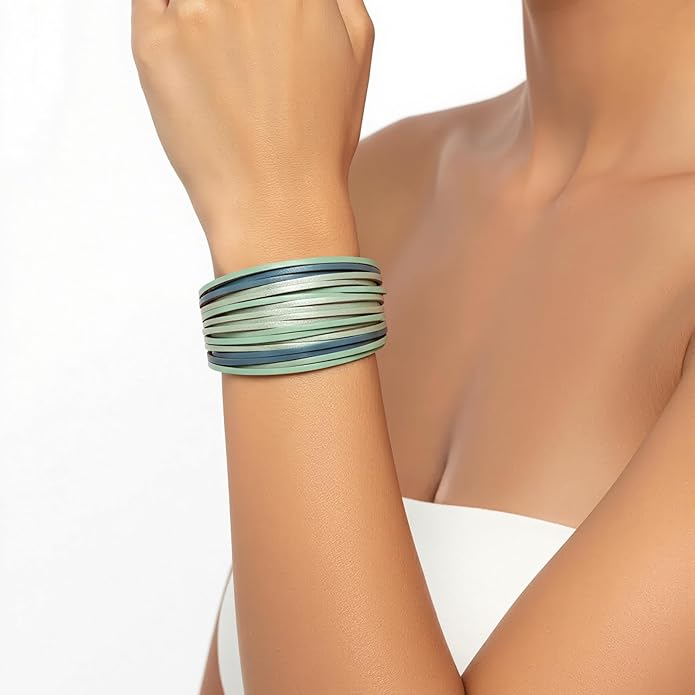 Edoneery Leather Wrap Bracelet for Women, Boho Handmade Multi-Layer Cuff with Crystal Beads Heart, Stackable Bangle Western Jewelry Gift