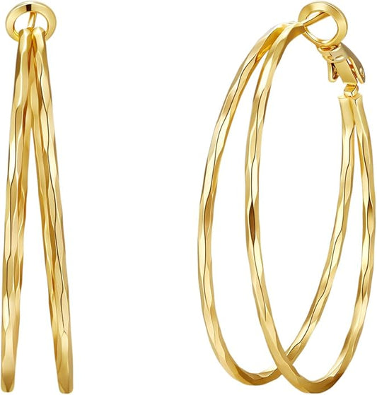 Diamond-Cut Double Hoop Earrings for Women 14k Gold Plated 925 Sterling Silver Posts Lightweight Hypoallergenic Split Hoop Earrings Trendy Jewelry Gifts for Women