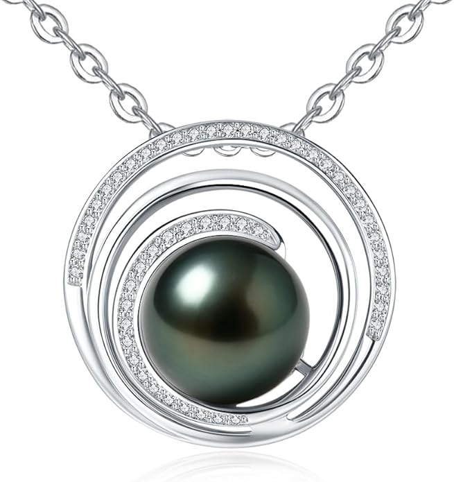 Genuine Tahitian Black Pearl Necklace for Women, 9-11mm AAAA Seawater Pearl with Sterling Silver Moissanite Pendant, Jewelry Gift for Wife, Mom, Girlfriend, Wedding Anniversary, Birthday, Christmas